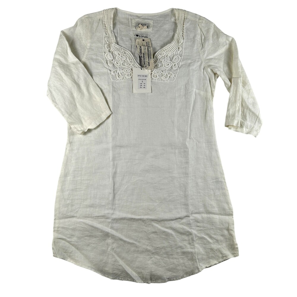 Malvin Dress Womens Large White Linen Crochet V Neck 3/4 Sleeve Shift Tunic